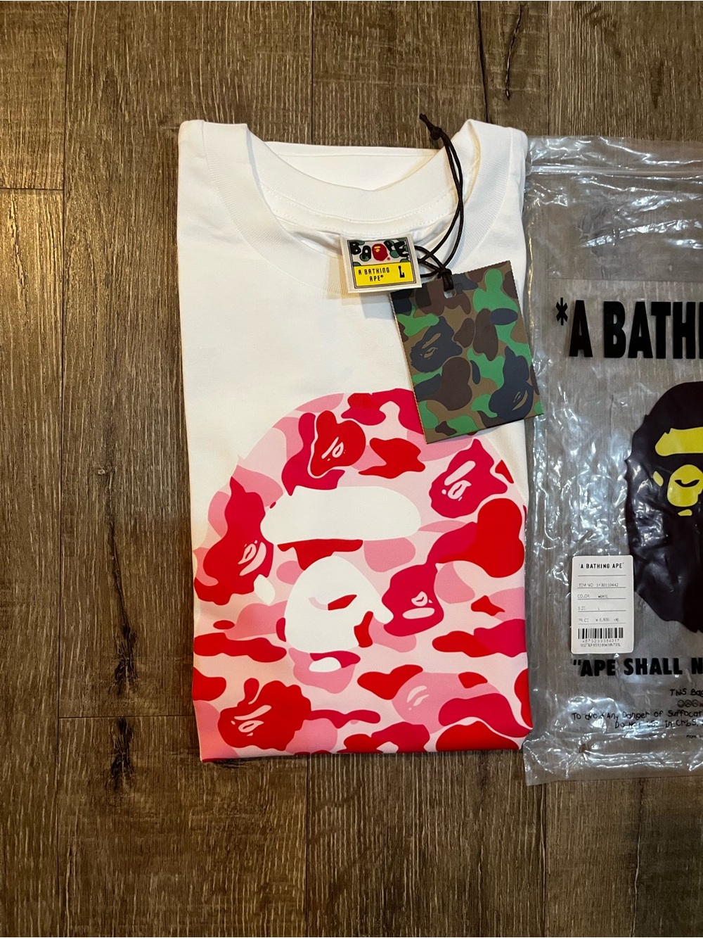 Bape White T-Shirt with Red & Pink Camo Ape Head